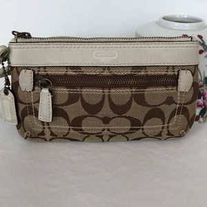 Coach Wristlet Signature C Brown and Khaki Leather trim Zip Front pocket EUC